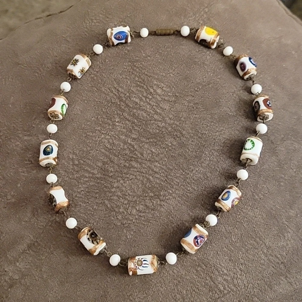 Estate Art Deco Venetian Milk Glass Beaded Necklace Clip-on Earrings Set